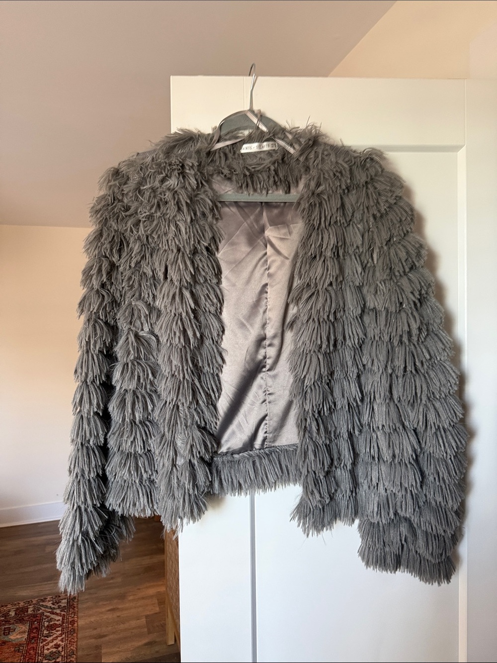 Women's Gray Faux Fur Teddy Jacket - Textured Fringe Style